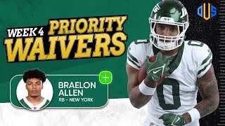 Week 4 Priority Waiver Wire Addition Braelon Allen [upl. by Quartas248]