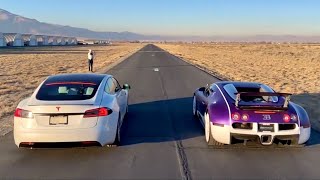 BUGATTI VEYRON VS TESLA MODEL S PERFORMANCE DRAG RACE The Stradman [upl. by Kreg]