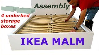 Ikea MALM Bed frame assembly with 4 storage boxes Whiteluröy [upl. by Earised667]