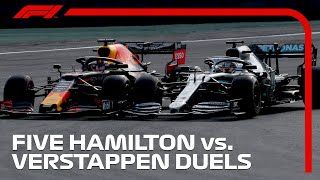 Five Epic Lewis Hamilton vs Max Verstappen Duels [upl. by Howes]