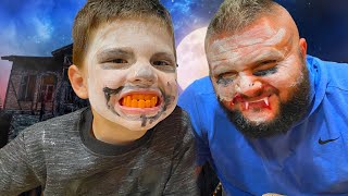 CALEB amp DADDY SPOOKY halloween makeup and fake teeth PRETEND PLAY [upl. by Anyd]