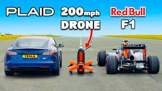 Tesla S Plaid v 200mph F1 Drone DRAG RACE [upl. by Harris]