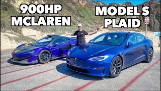 Tesla Model S Plaid Vs 900hp Mclaren RACE [upl. by Neelat609]