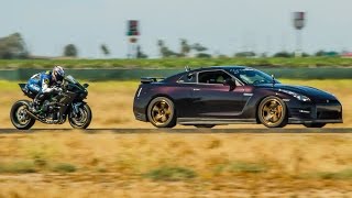 Kawasaki H2R vs 1350hp Nissan GTR  12 Mile Airstrip Race 3 [upl. by Jadda727]