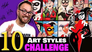 Drawing in 10 DIFFERENT STYLES  Art Style SWAP Challenge  HARLEY QUINN [upl. by Perretta839]