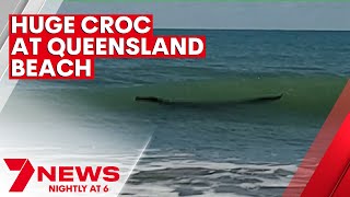 Crocodile spotted swimming at Central Queensland beach  7NEWS [upl. by Esalb]