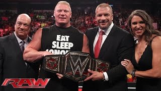 Brock Lesnar receives the new WWE World Heavyweight Championship Raw Aug 18 2014 [upl. by Cormack]