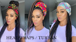 5 EASY HEADWRAP TURBAN STYLES for Senegalese Twists Braids Locs  Tupo1 [upl. by Raji]