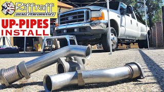 2001 F350 73  RiffRaff UpPipes Install  Stock up pipes leaking and falling apart JUNK SP [upl. by Gonroff]