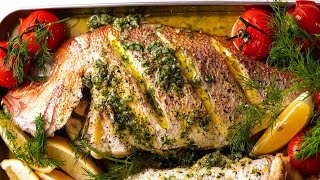 Whole Baked Fish  Herb Stuffed with Garlic Butter Dill Sauce [upl. by Locklin]