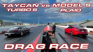 1020 HP PLAID vs TAYCAN  Tesla Plaid Model S vs Porsche Taycan Turbo S 14 Mile Drag Race [upl. by Yren]