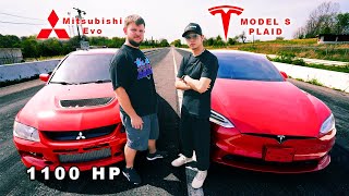 Tesla Model S Plaid vs 1000hp Mitsubishi EVO  DRAG RACE [upl. by Oiram172]