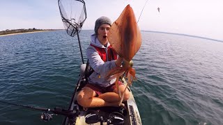 Jigging GIANT Squid Kayak Fishing ULTRA Clear Waters [upl. by Kelton]