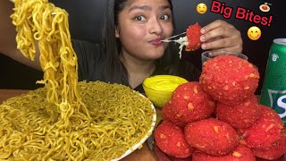 MASALA MAGGI AND CHEETOS CHEESE BALLS WITH CHEESE SAUCE 🍝 BIG BITES MUKBANG  FOOD EATING VIDEOS [upl. by Slrahc419]