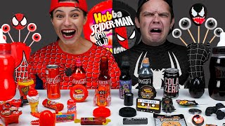 Pink Red Food vs Black Food Challenge 핑크 블랙 푸드 챌린지 Mukbang for SpiderMan Superheroes ASMR BATTLE [upl. by Asirem319]